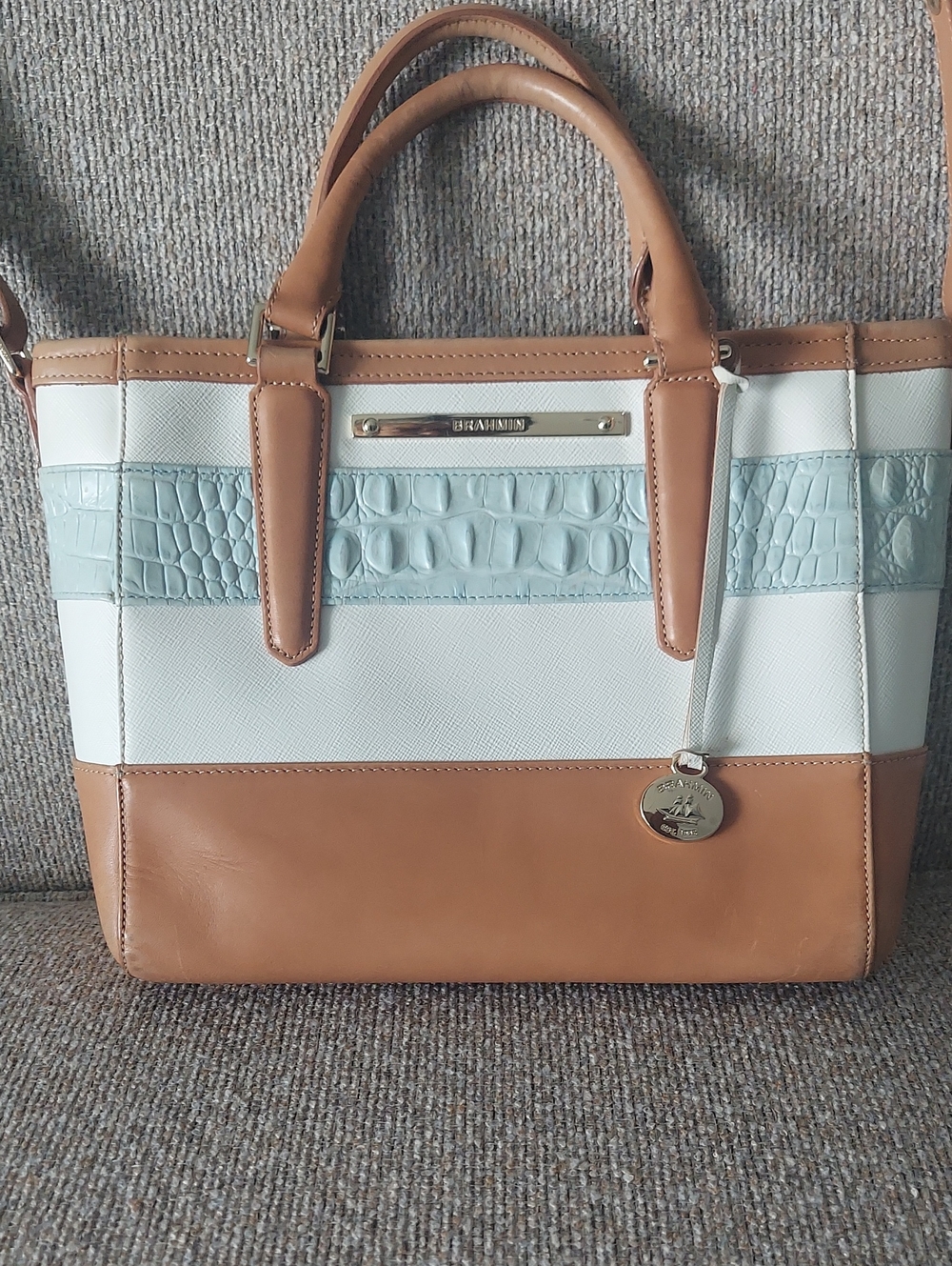Brahmin Tan, White & Light Blue Croc-Accent Leather Tote